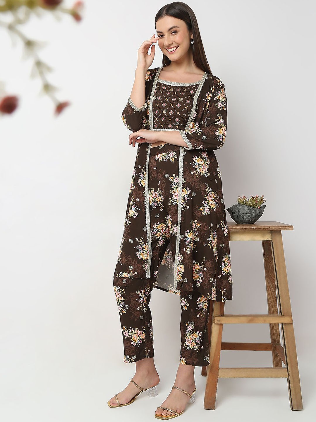 

Ethnicity Floral Printed Crop Top With Trousers & Jacket, Brown