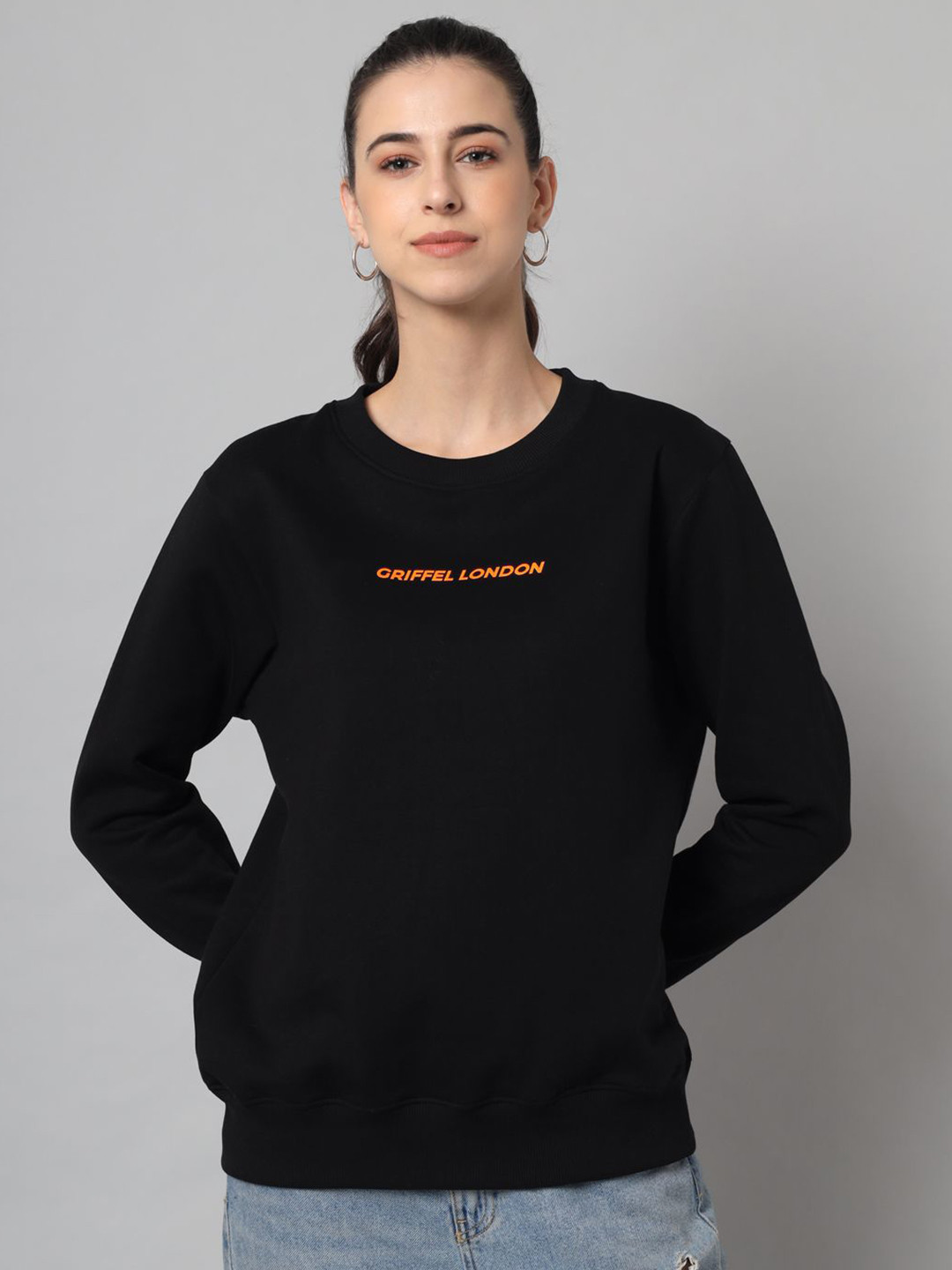 

GRIFFEL Women Typography Printed Round Neck Sweatshirt, Black