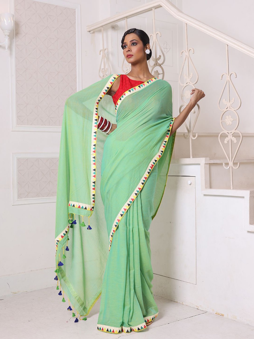 

Charukriti Patchwork Pure Cotton Saree, Green