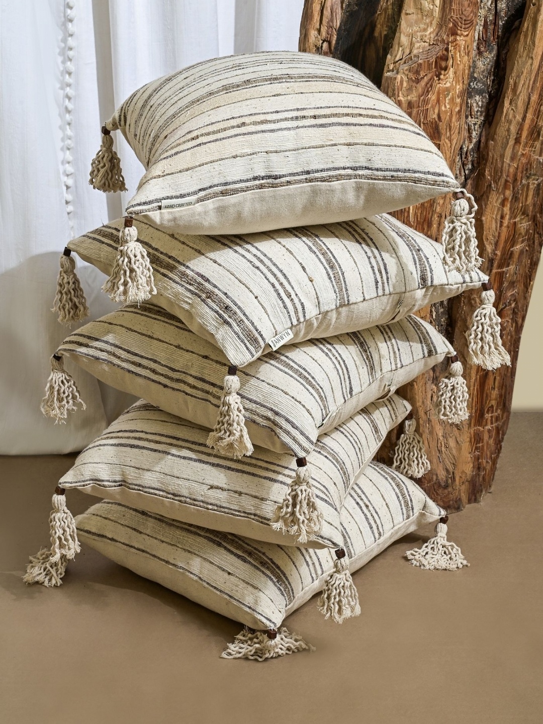 

ANWYN Beige & Off White 5 Pieces Striped Square Cushion Covers