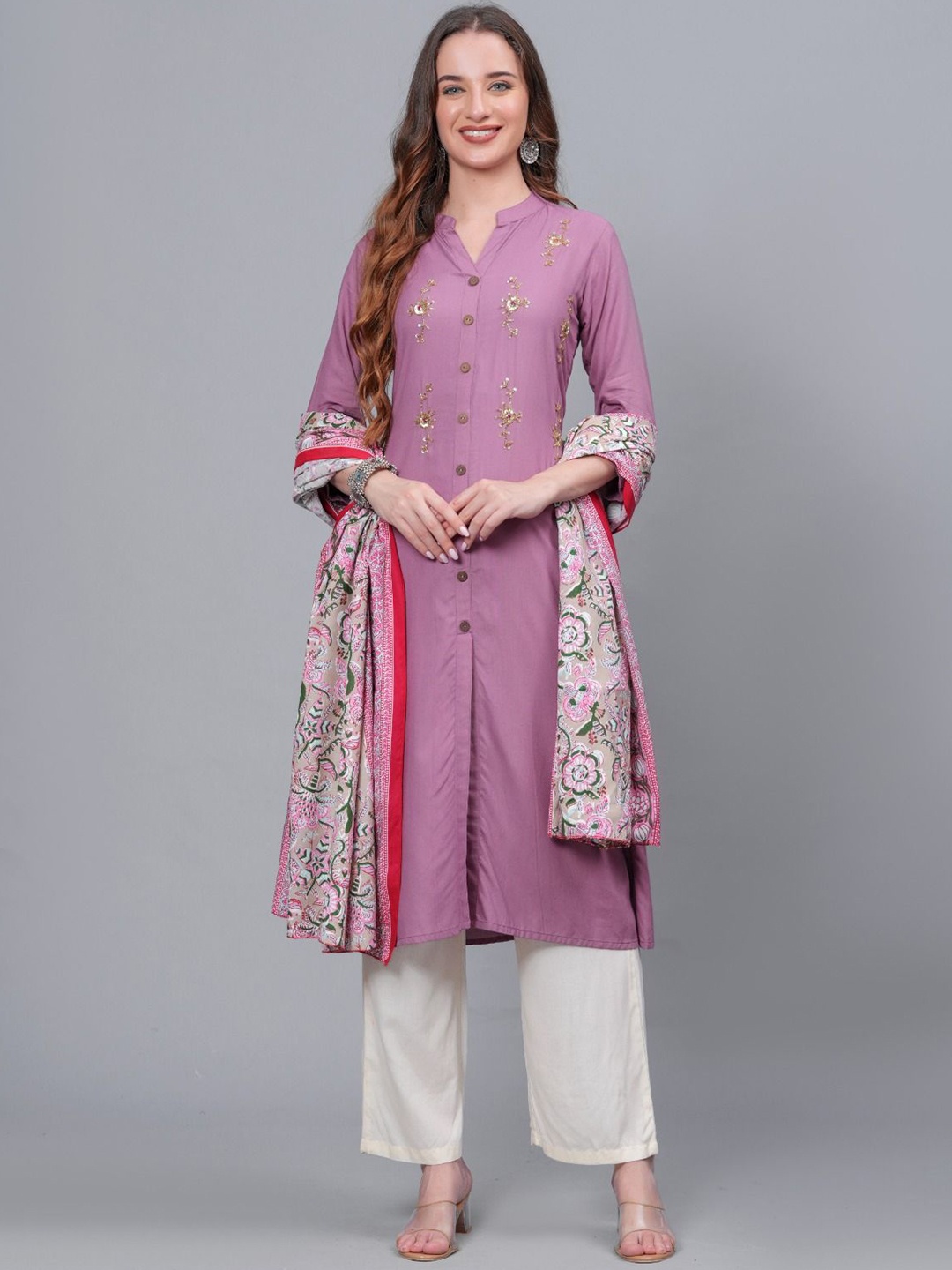 

MAUKA Women Embroidered Regular Kurta with Palazzos & With Dupatta, Purple