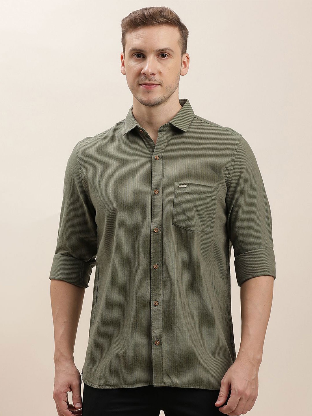 

Turtle Men Relaxed Spread Collar Vertical Striped Khadi Slim Fit Casual Shirt, Olive