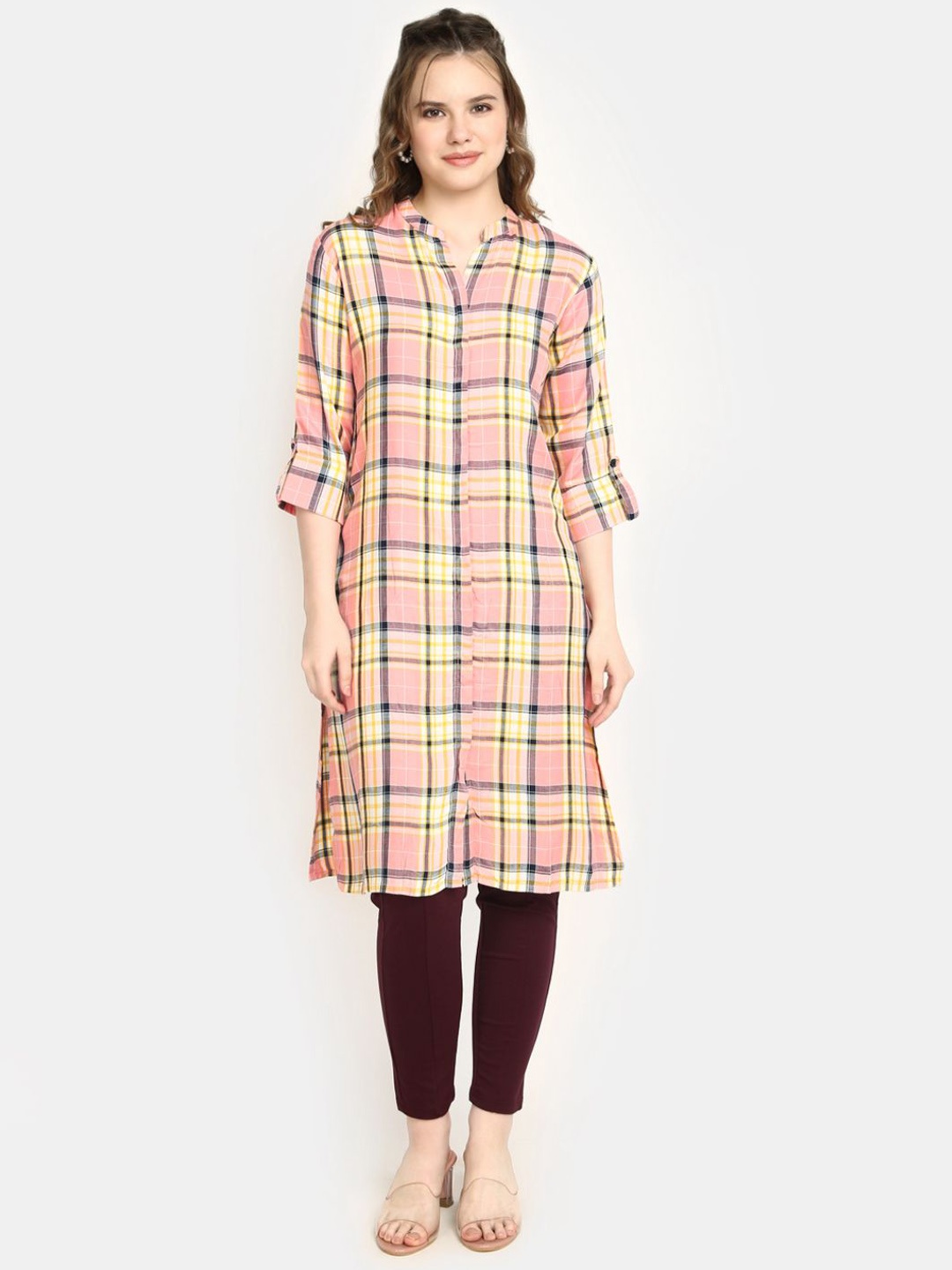 

V-Mart Women Checked Mirror Work Kurta, Pink