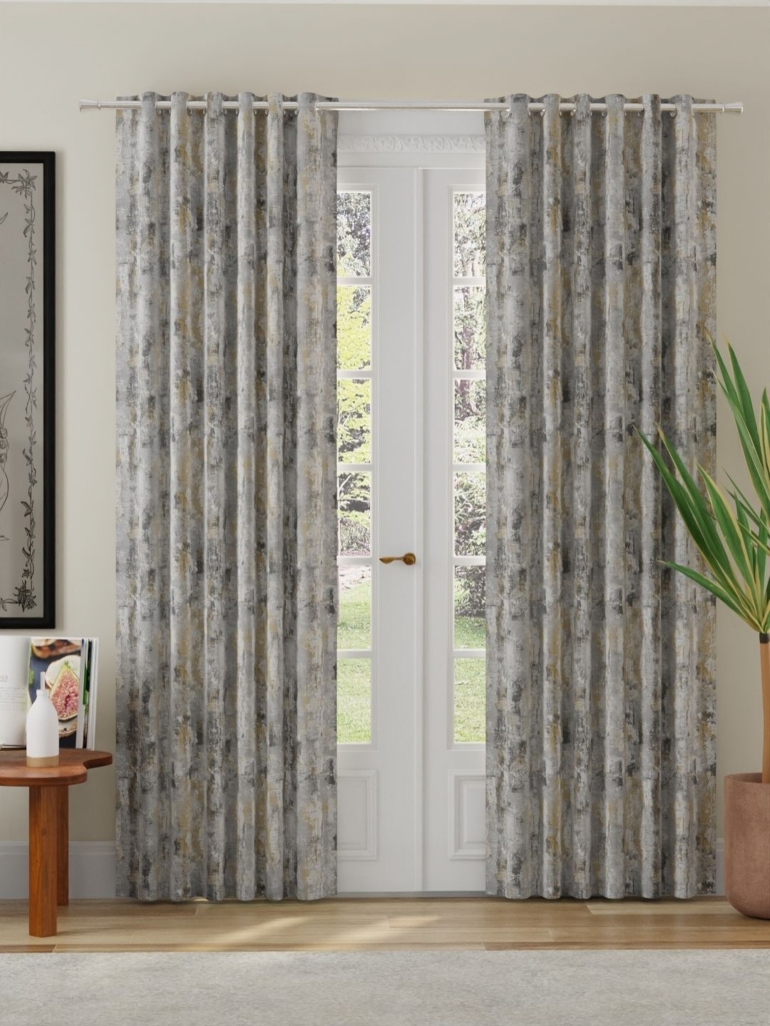 

ROSARA HOME Beige and White 2 Pieces Abstract Printed Room Darkening Long Door Curtains