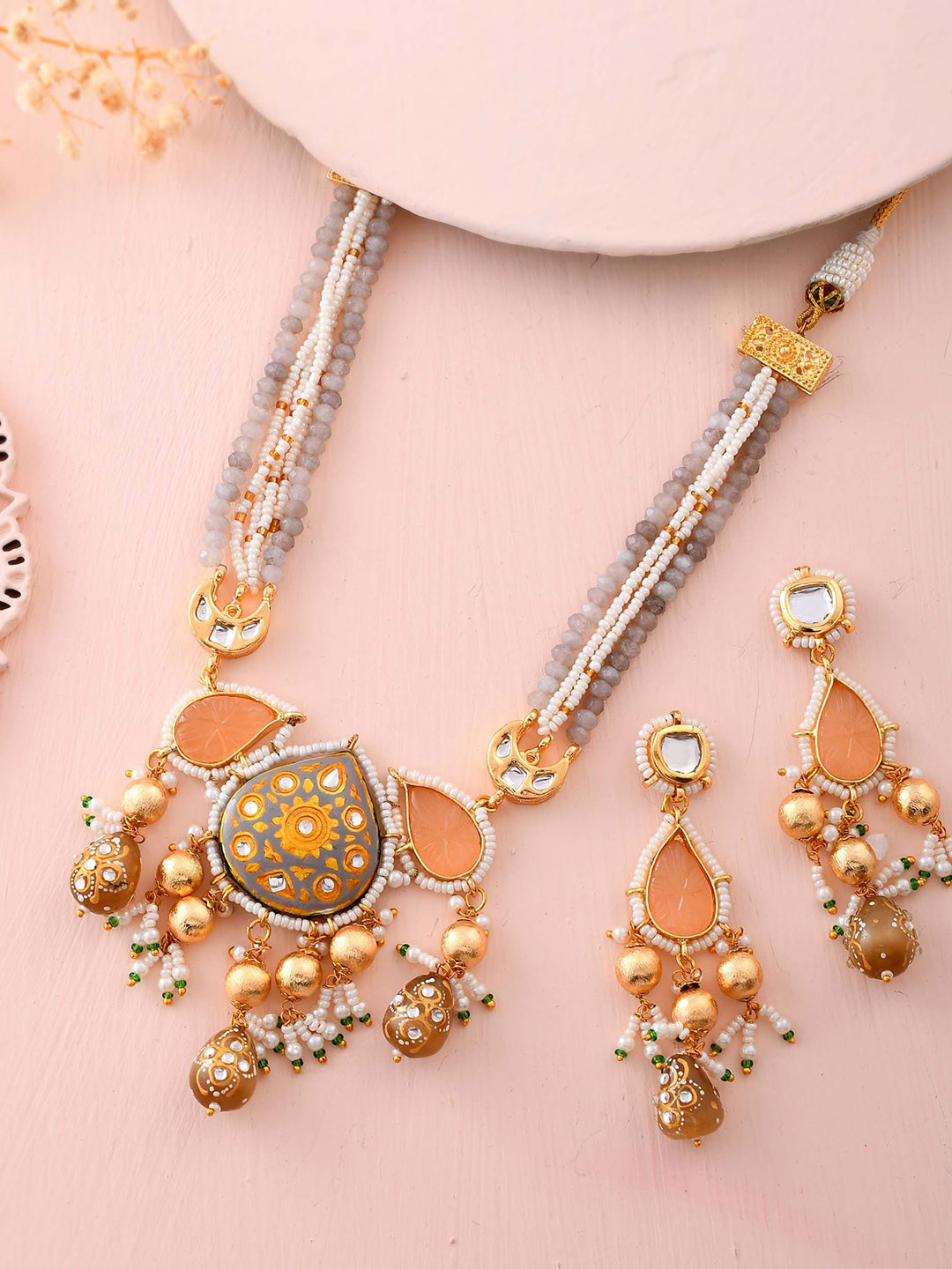 

DASTOOR Gold Plated Stone Studded & Beaded Jewellery Set