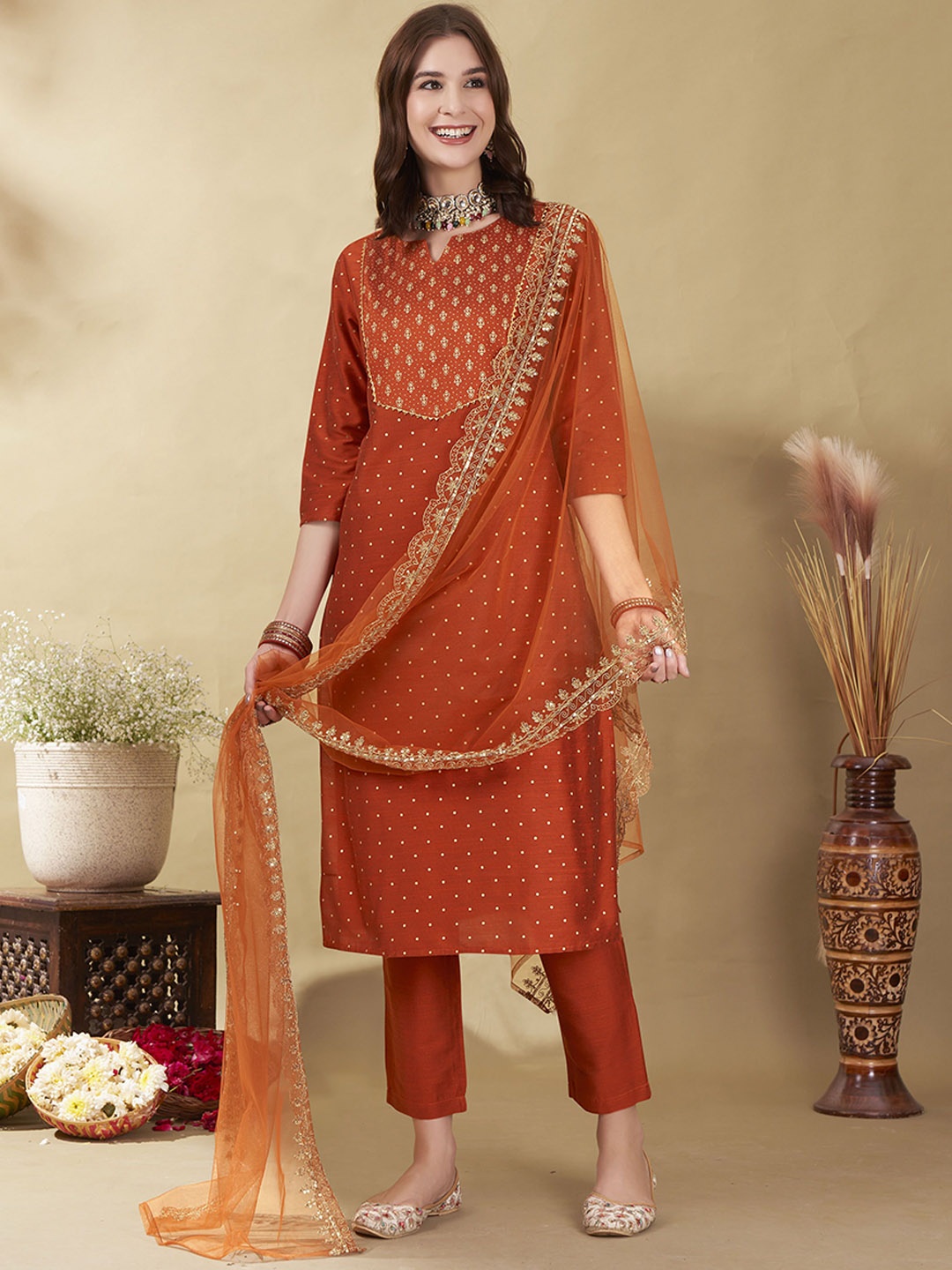 

Anouk Rust Ethnic Motifs Printed Zari Straight Kurta With Trousers & Dupatta