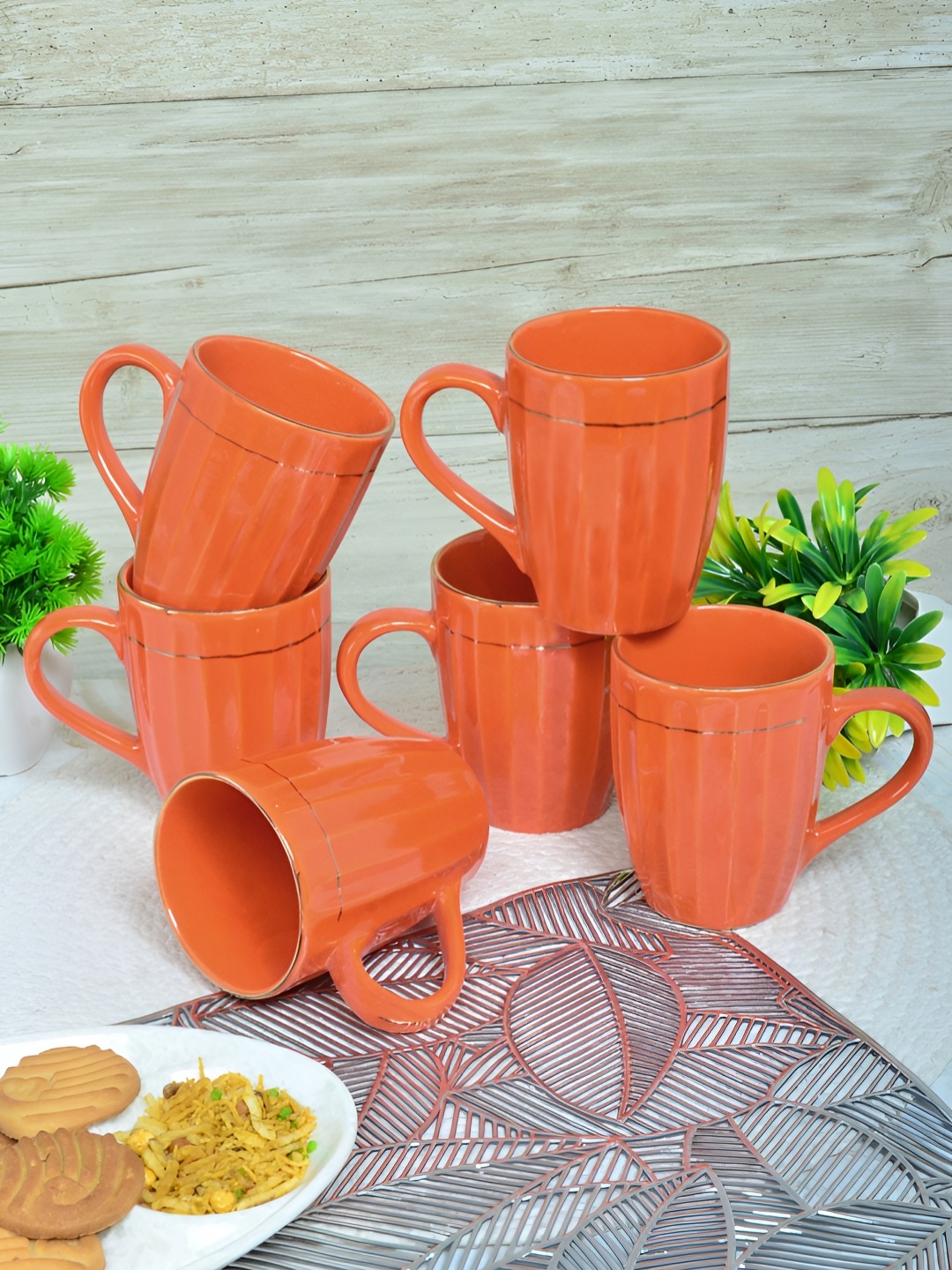 

FABINALIV Orange 6 Pieces Textured Ceramic Glossy Mugs 260 ml