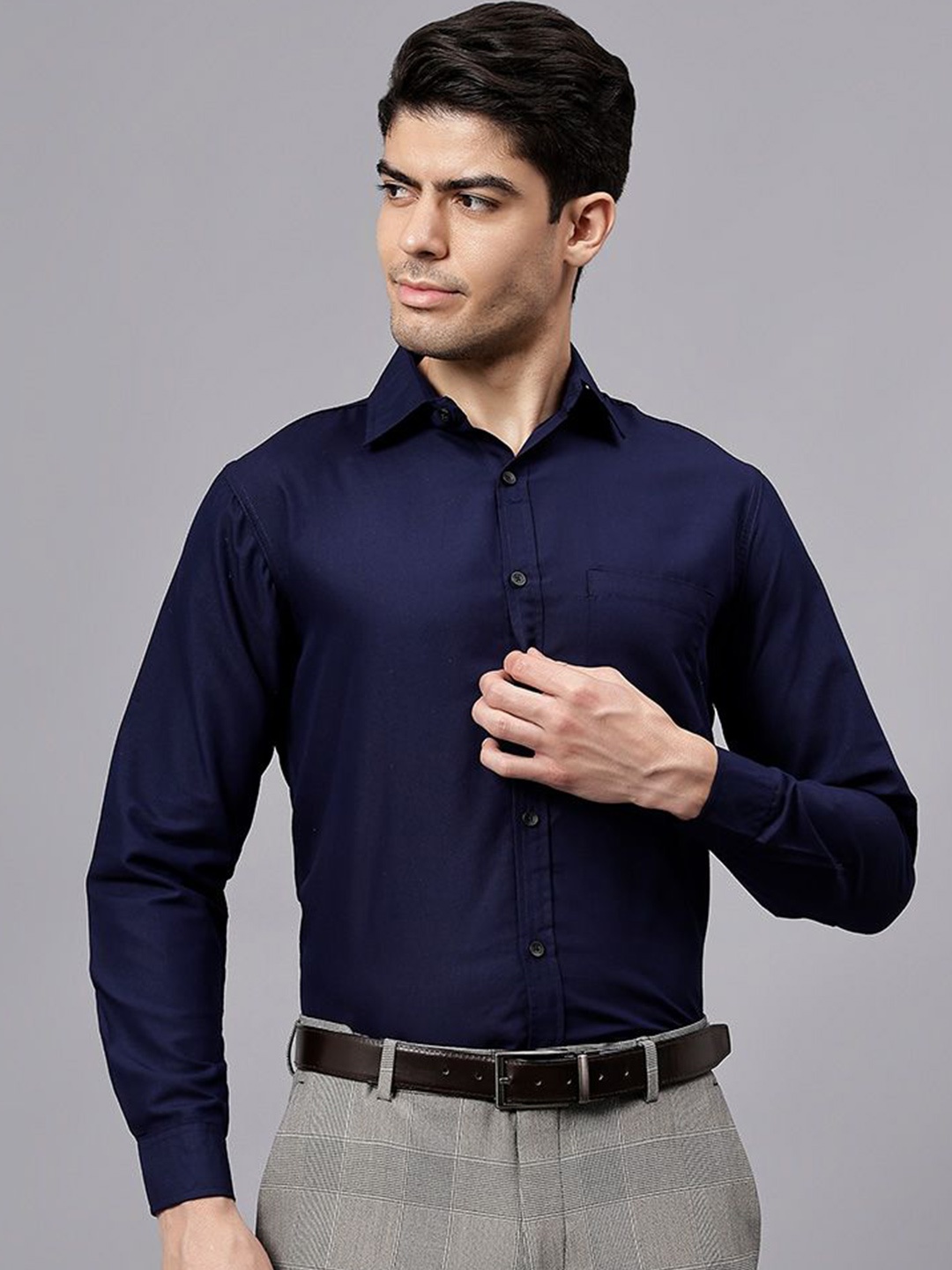 

univibe Men India Slim Spread Collar Solid Cotton Slim Fit Formal Shirt, Navy blue