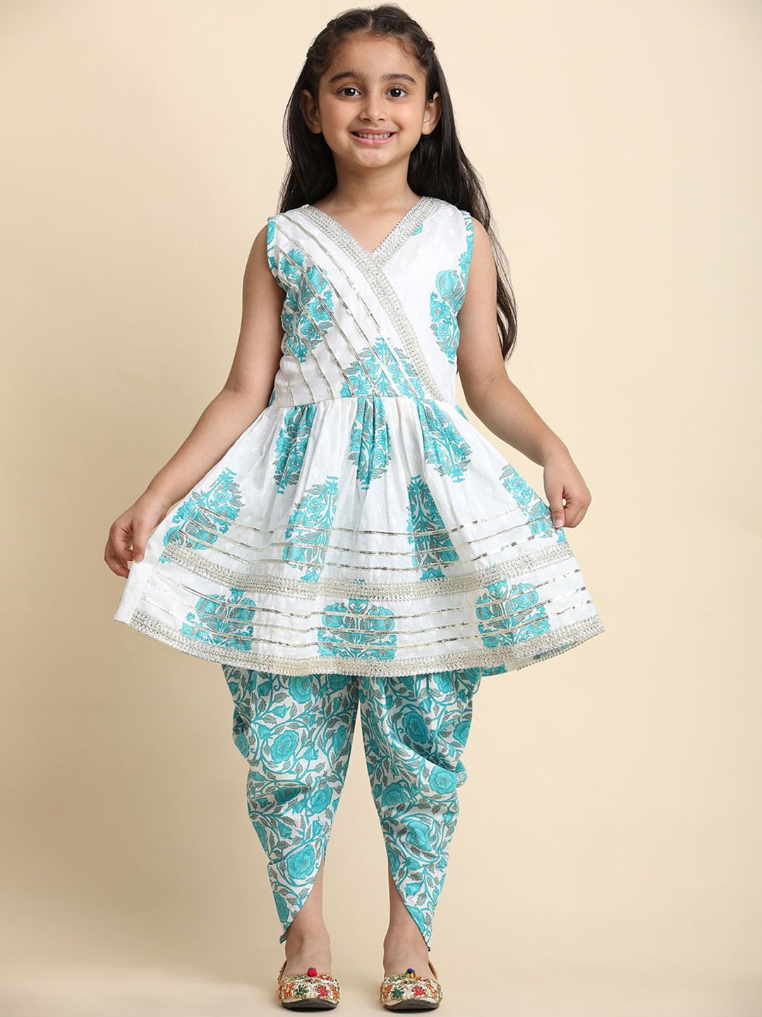 

SHIJILA Girls Floral Printed A-Line Kurta with Dhoti Pants, White