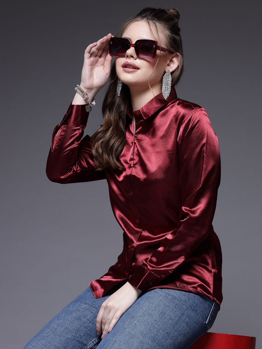 

BEING NAUGHTY Women Comfort Spread Collar Solid Party Shirt, Maroon