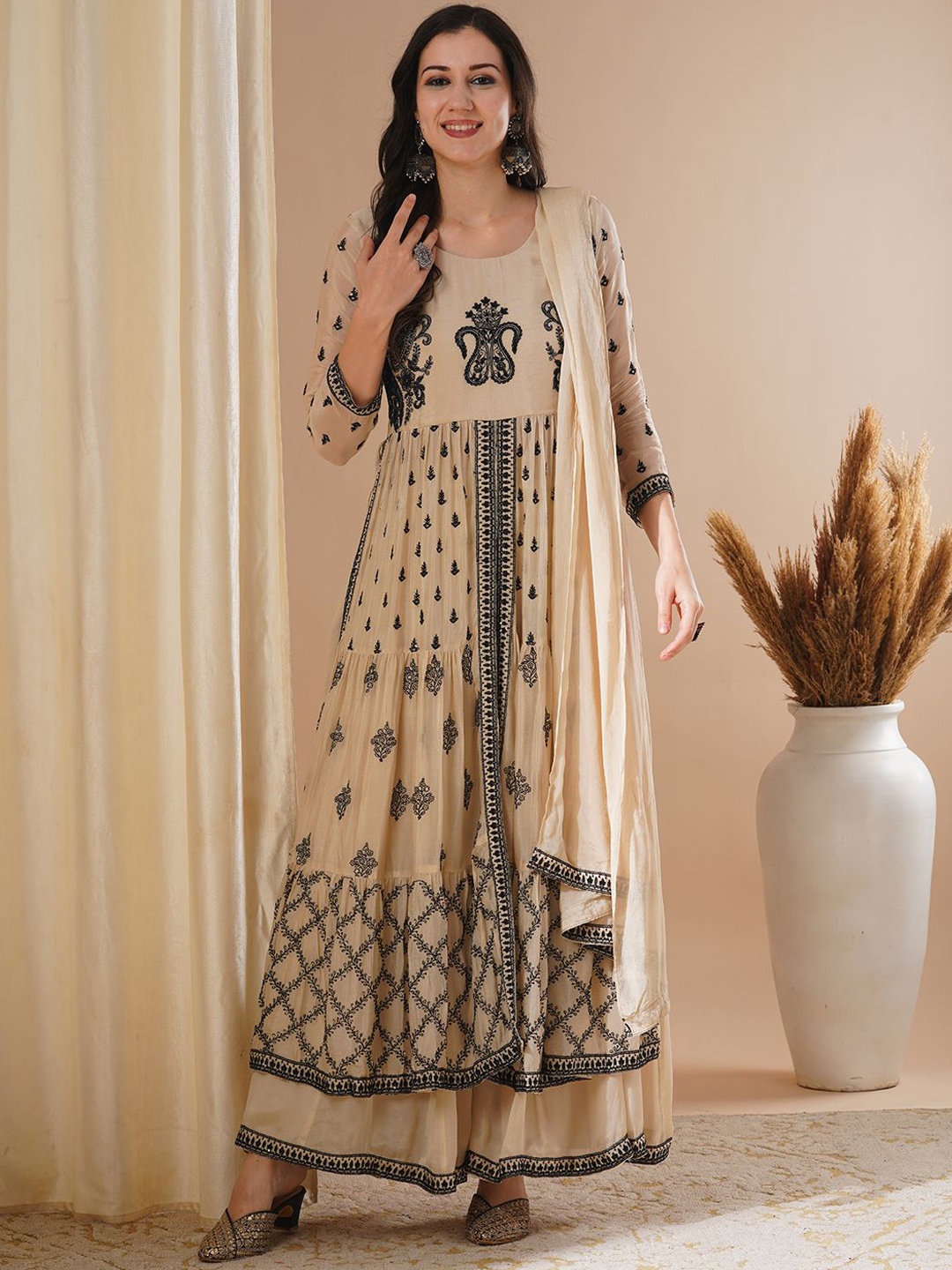 

FASHOR Floral Embroidered Pleated Sequinned A-Line Kurta With Palazzo & Dupatta, Beige