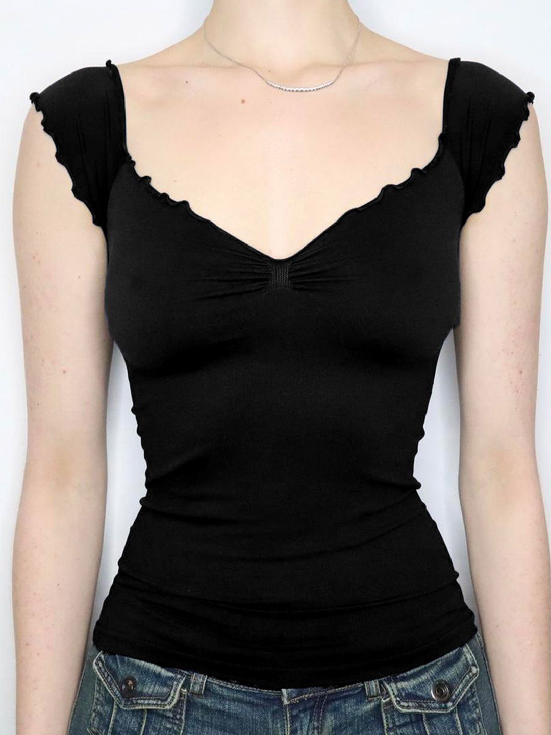 

StyleCast Women Solid V-Neck Fitted Top, Black