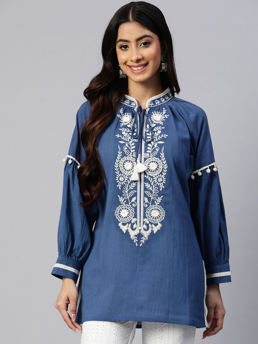 

Nayam By Lakshita Mandarin Collar Puff Sleeves Embroidered Tunic, Blue