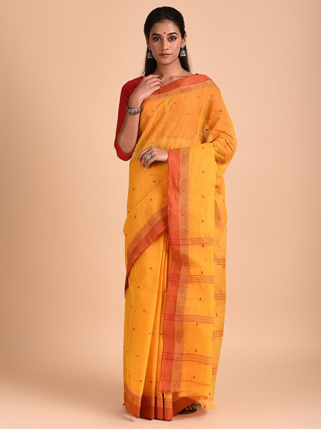 

JAYPORE Ethnic Motifs Woven Design Pure Cotton Saree, Orange