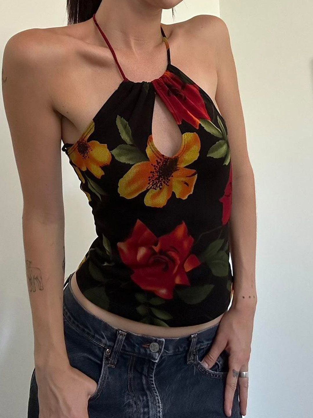

StyleCast Women Floral Printed Halter Neck Top, Black