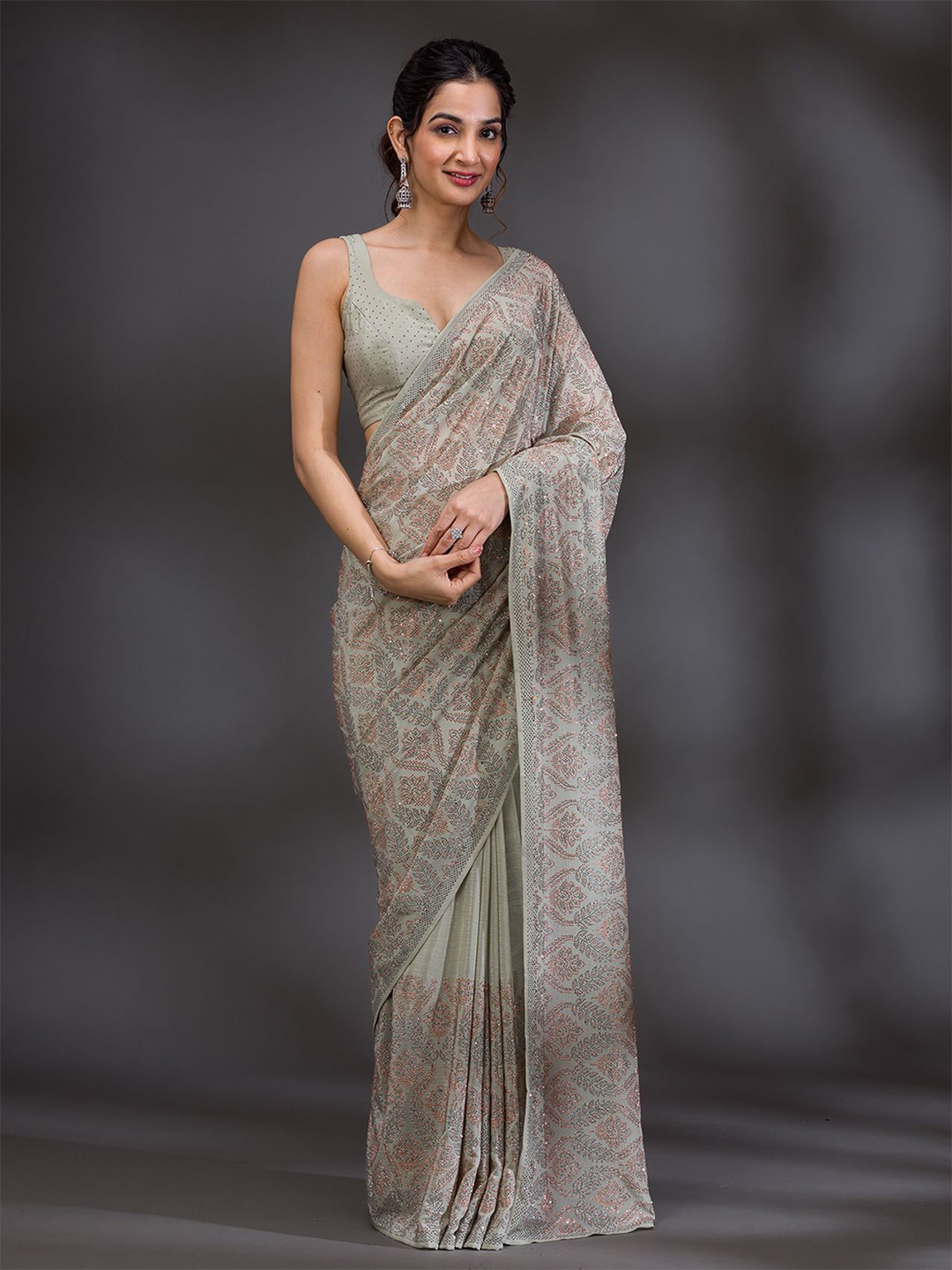 

Koskii Beads and Stones Satin Saree, Green