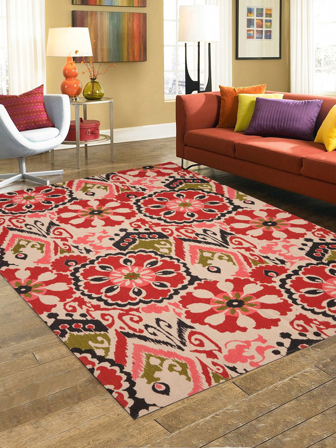 

BLANC9 Red & Green Floral Printed Cotton Carpet