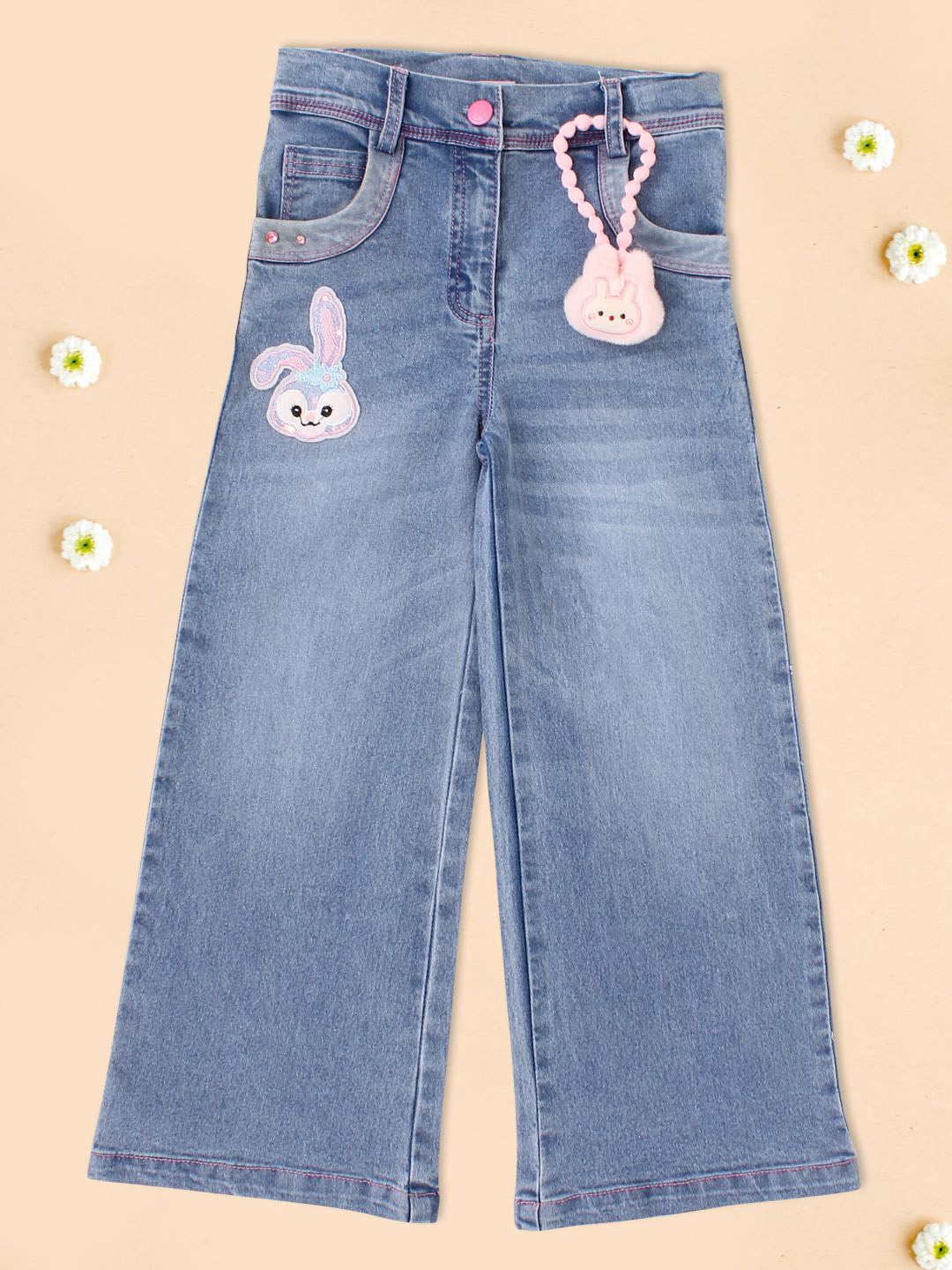 

CUTECUMBER Girls Bootcut Light Fade Applique Detail Stretchable Denim Jeans, Blue