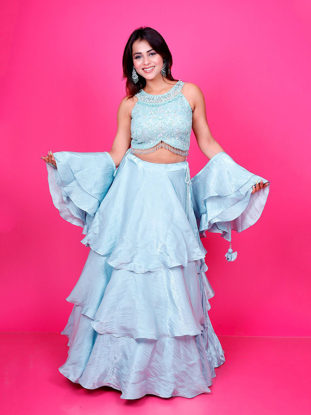 

ROOPKALA Embroidered Beads and Stones Ready to Wear Lehenga & Blouse With Dupatta, Blue