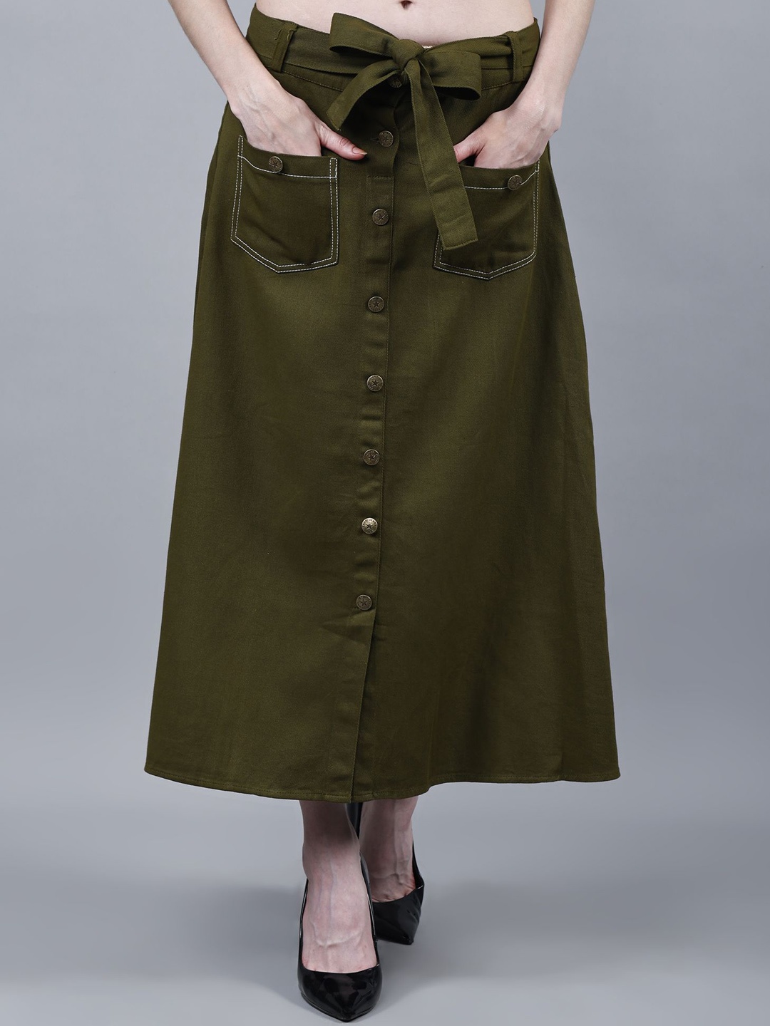 

Codaisy cotton twill skirts Women Tie-Ups A-Line Midi Skirts, Olive