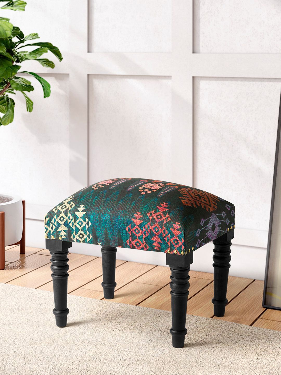 

India Circus by Krsnaa Mehta Green & Black Printed Wooden Cotton Ottomans