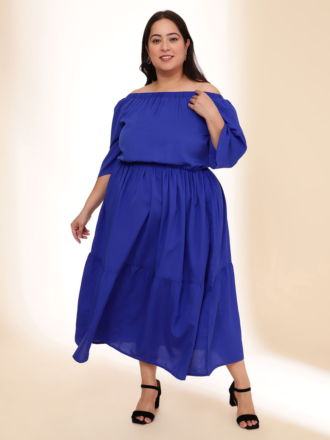 

DressBerry Women Off-Shoulder Flared Sleeves Gathered or Pleated Maxi Dress, Blue