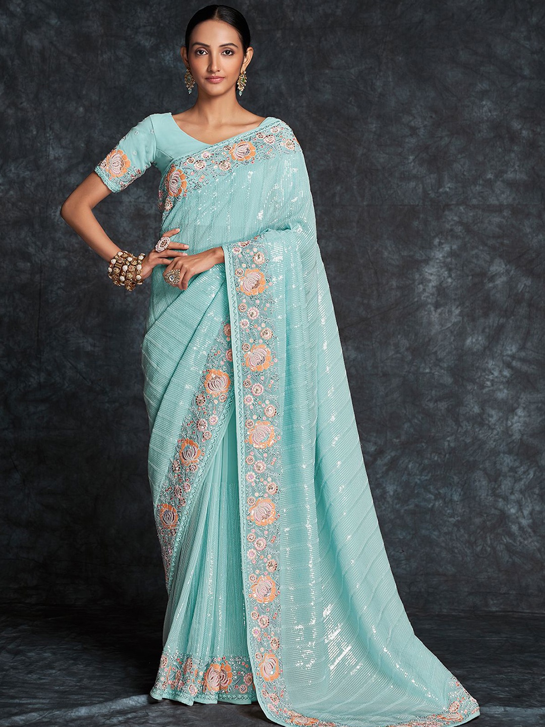 

ODETTE Embroidered Saree With Unstitched Blouse, Sea green