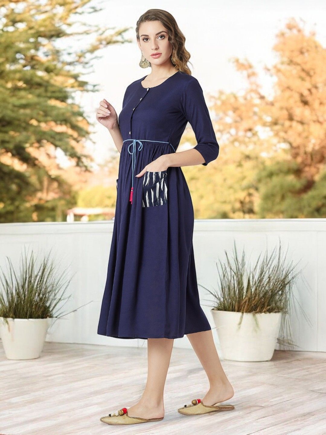 

all about you Women Round Neck Belted Solid Gathe Midi Dress, Navy blue