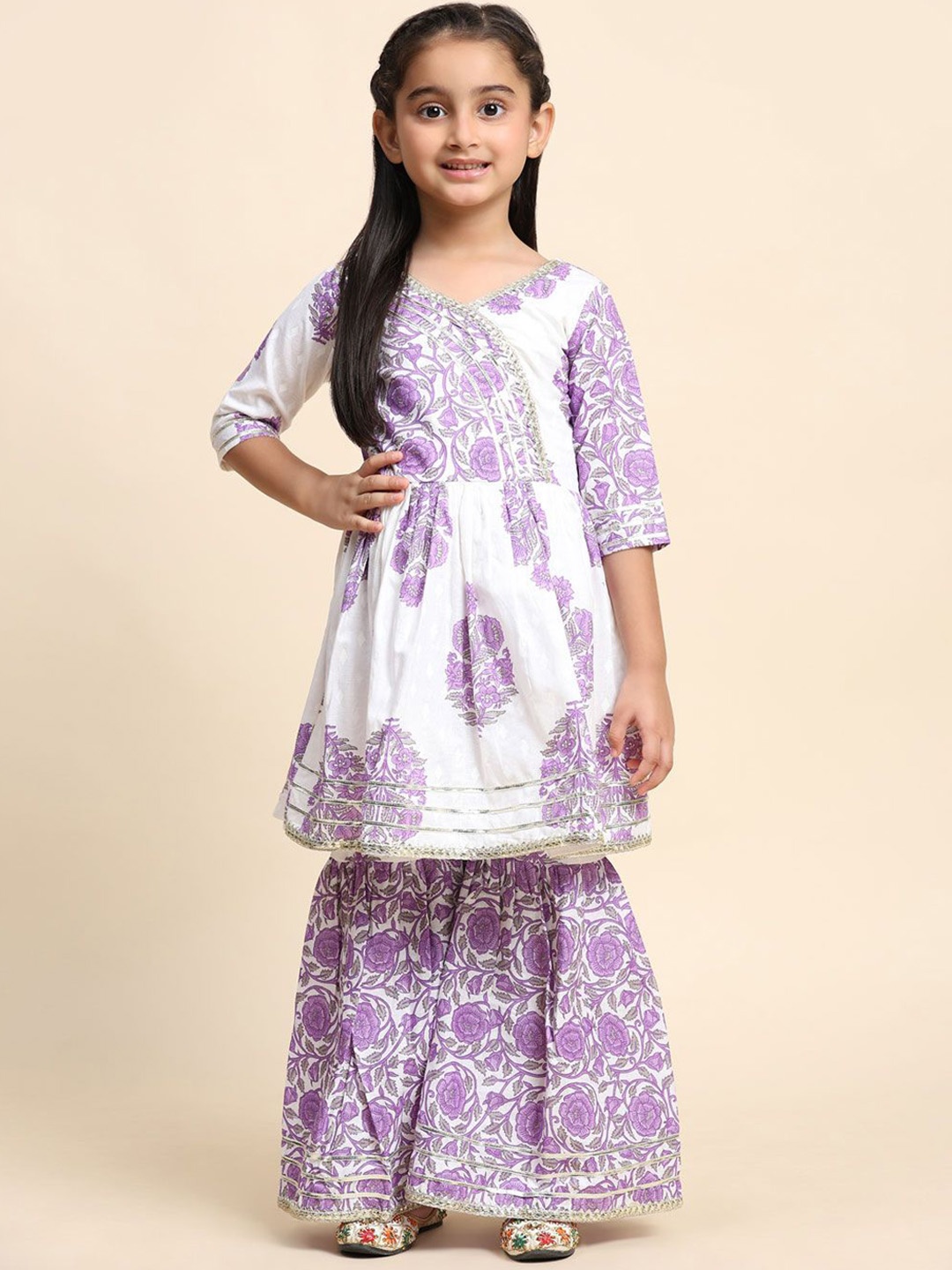 

SHIJILA Girls Floral Printed A-Line Kurta with Sharara, White