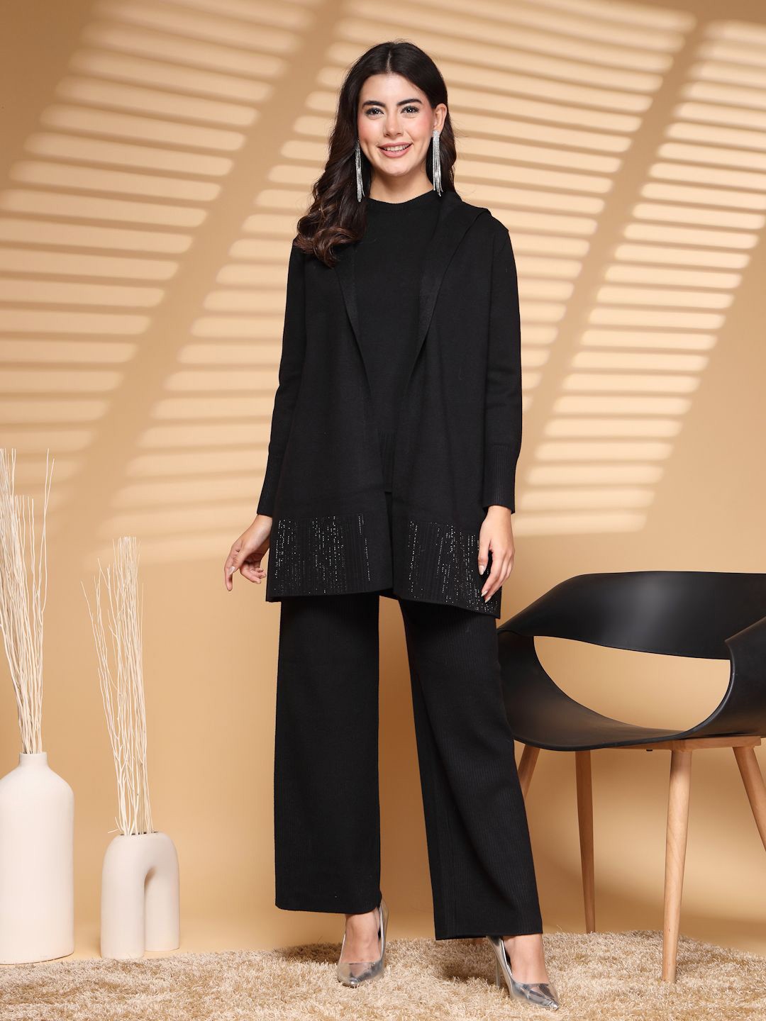 

Mafadeny Round Neck Long Sleeve Shrug Top & Trouser, Black