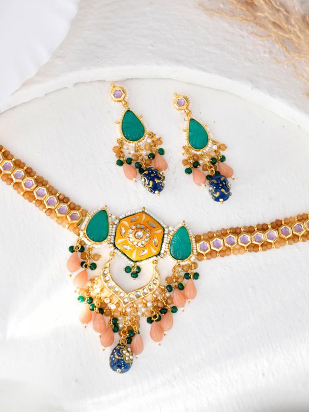 

DASTOOR Gold Plated Stone Studded & Beaded Jewellery Set