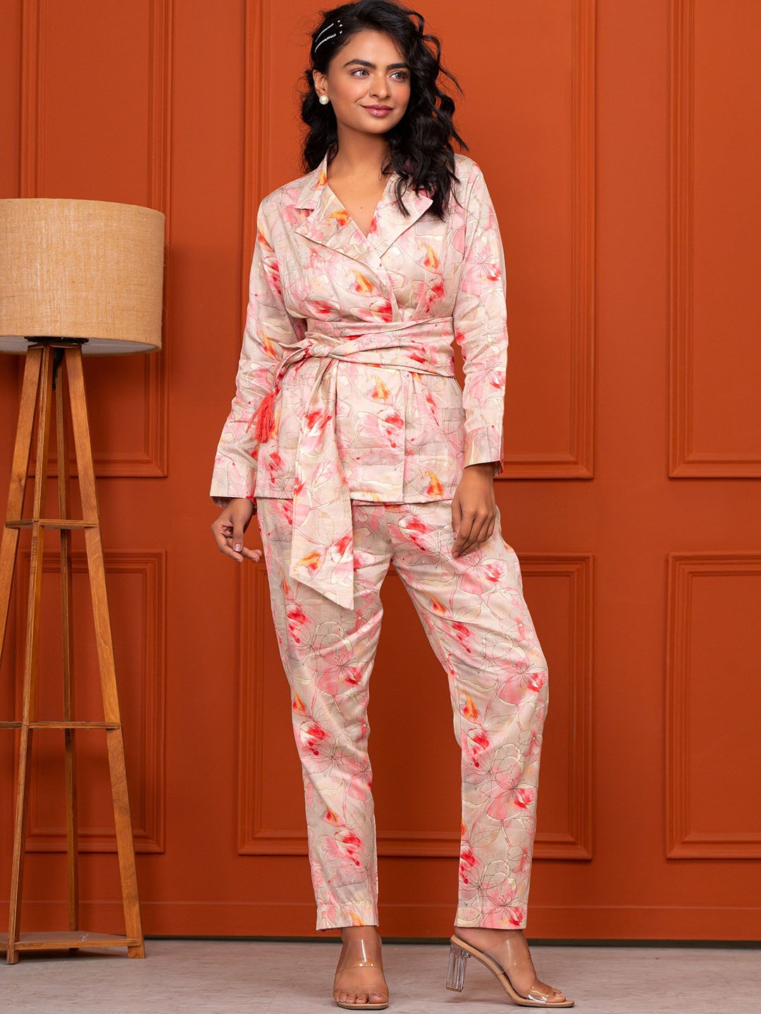 

SAADGEE Printed Pure Cotton Coat With Trousers Co-Ords, Peach