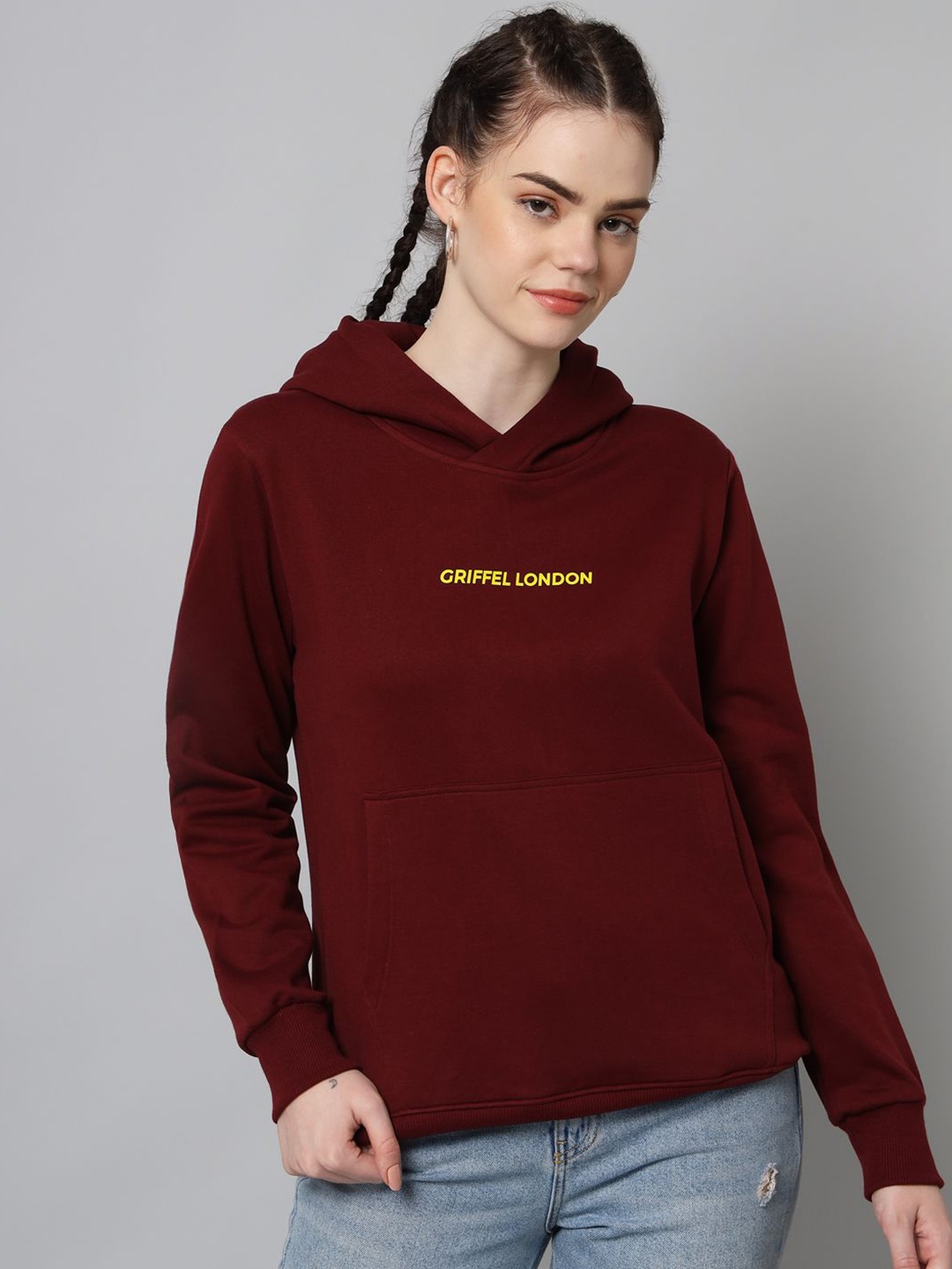 

GRIFFEL Women Typography Printed Hooded Sweatshirt, Maroon