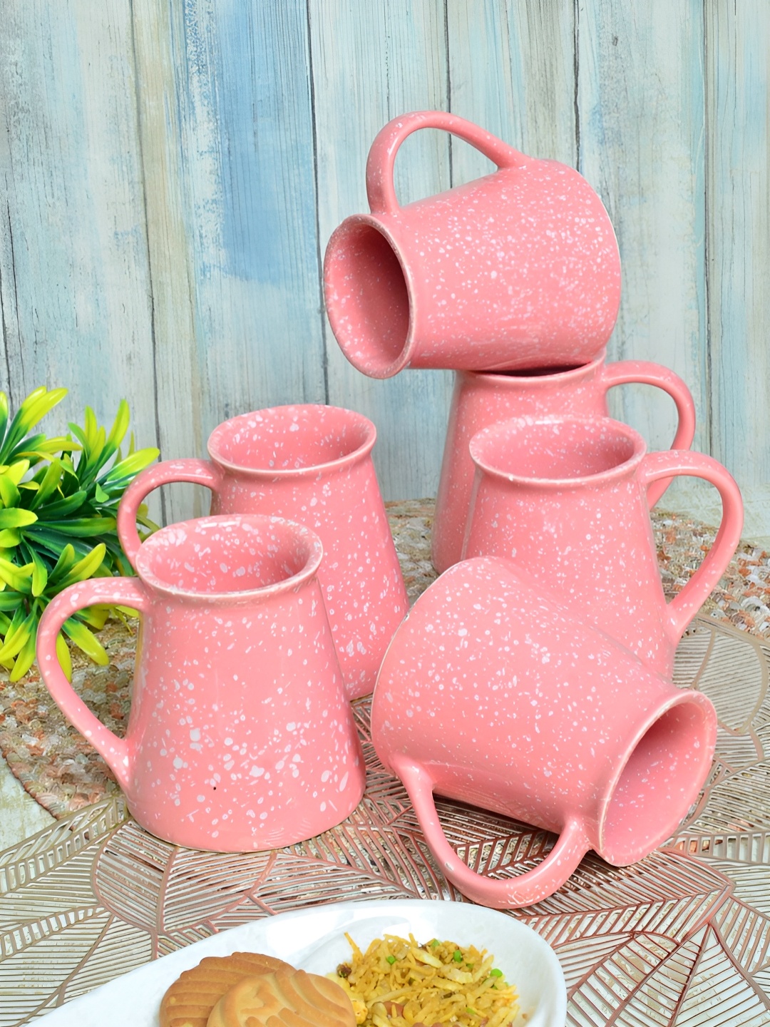 

FABINALIV Pink 6 Pieces Printed Ceramic Glossy Mugs 300 ml