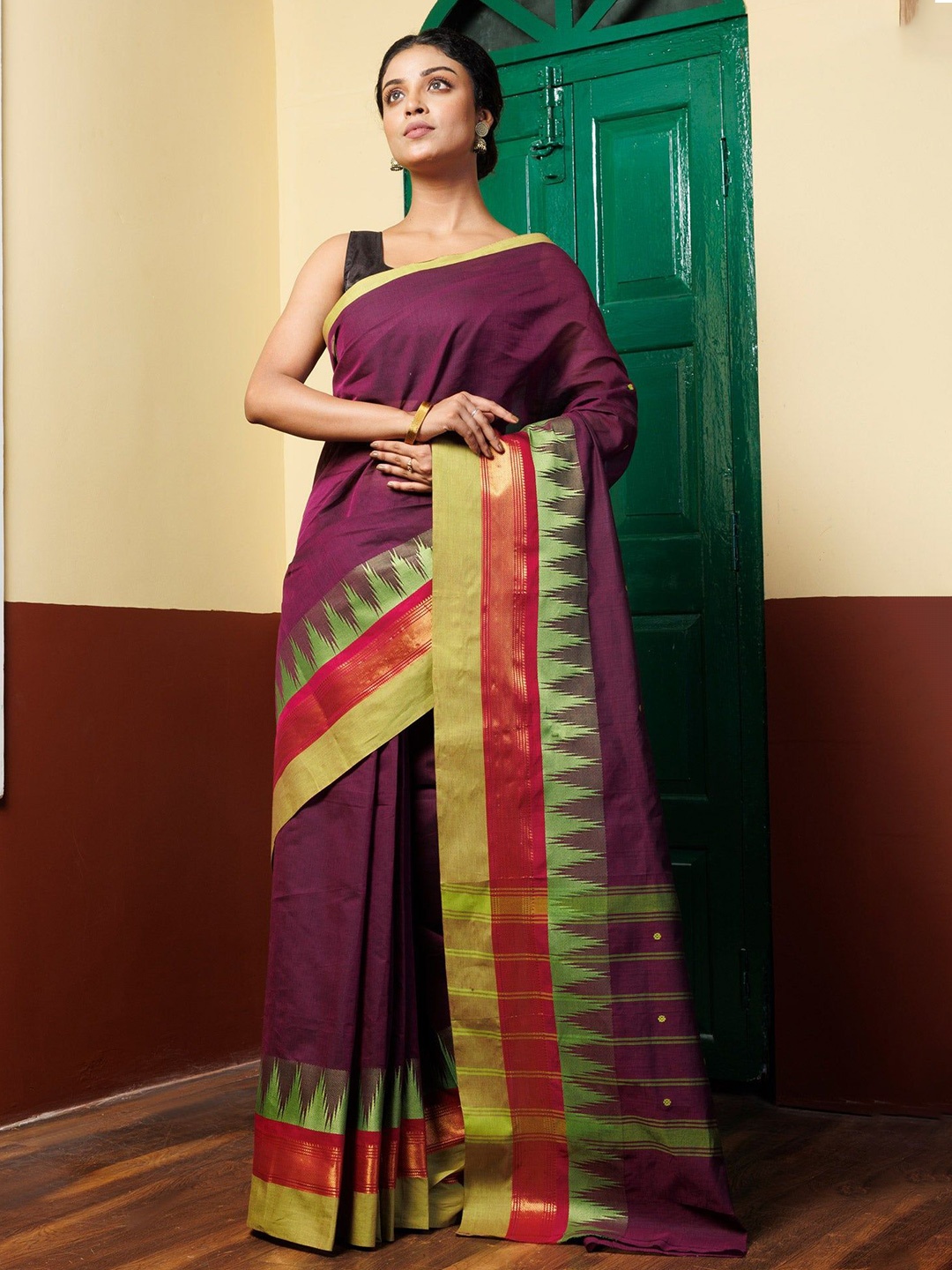 

Unnati Silks Ethnic Motifs Zari Pure Cotton Handloom Kanjeevaram Saree, Purple