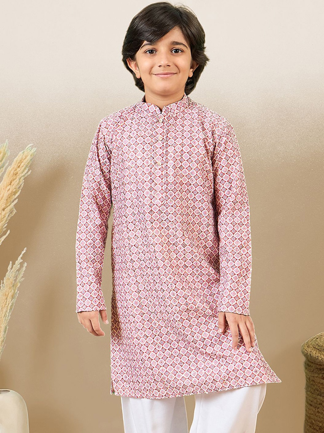 

YK Boys Cotton Printed Mandarin Collar Long Sleeves Kurtas, Pink