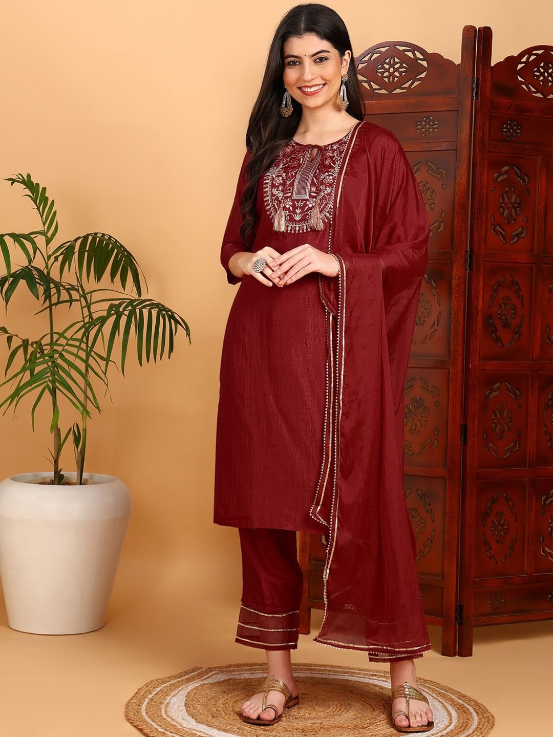 

KALINI Floral Embroidered Regular Mirror Work Straight Kurta with Palazzos & Dupatta, Red