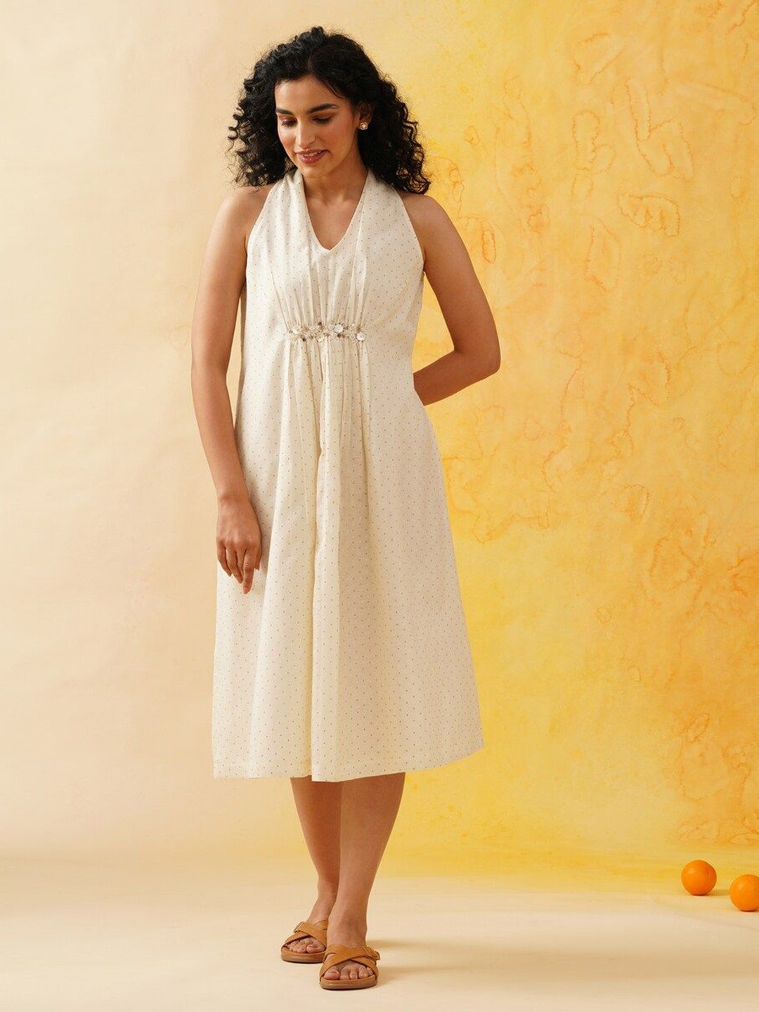 

JAYPORE Women Self Design Print A-Line Dress, Off white