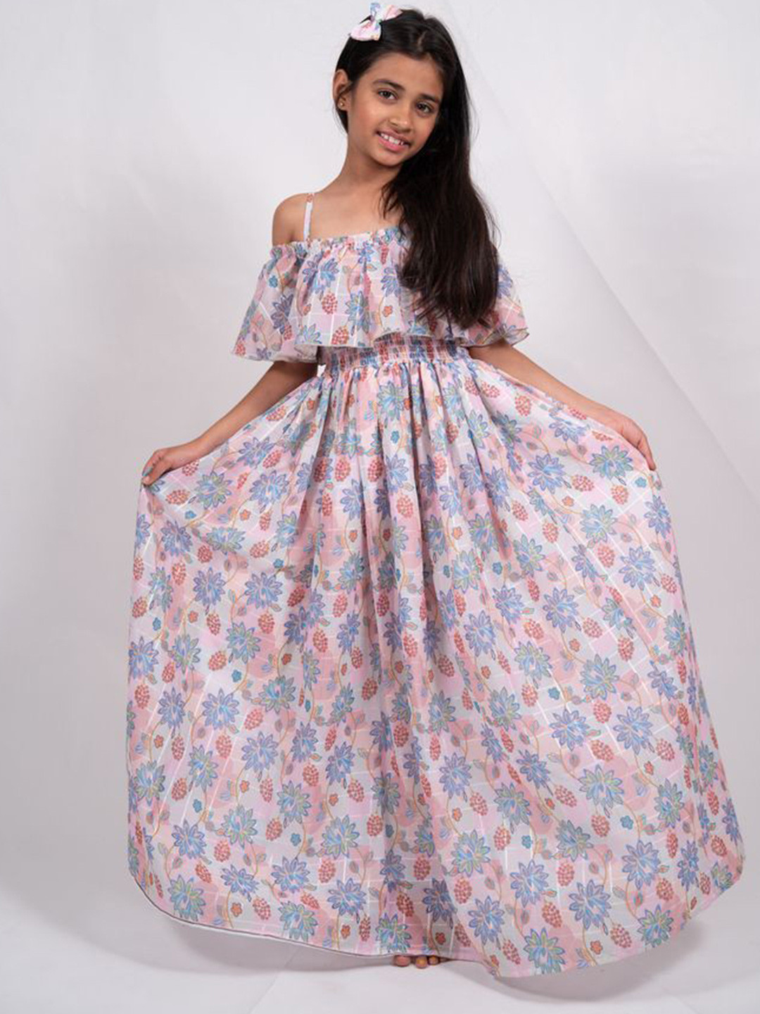 

Sangria Girls Floral Printed Maxi Fit and Flare Ethnic Dress, Pink