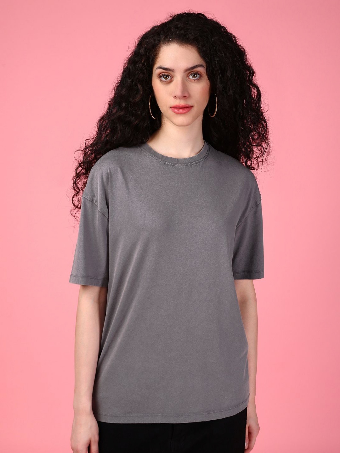 

DressBerry Women Solid Round Neck Cotton Boxy T-shirt, Grey