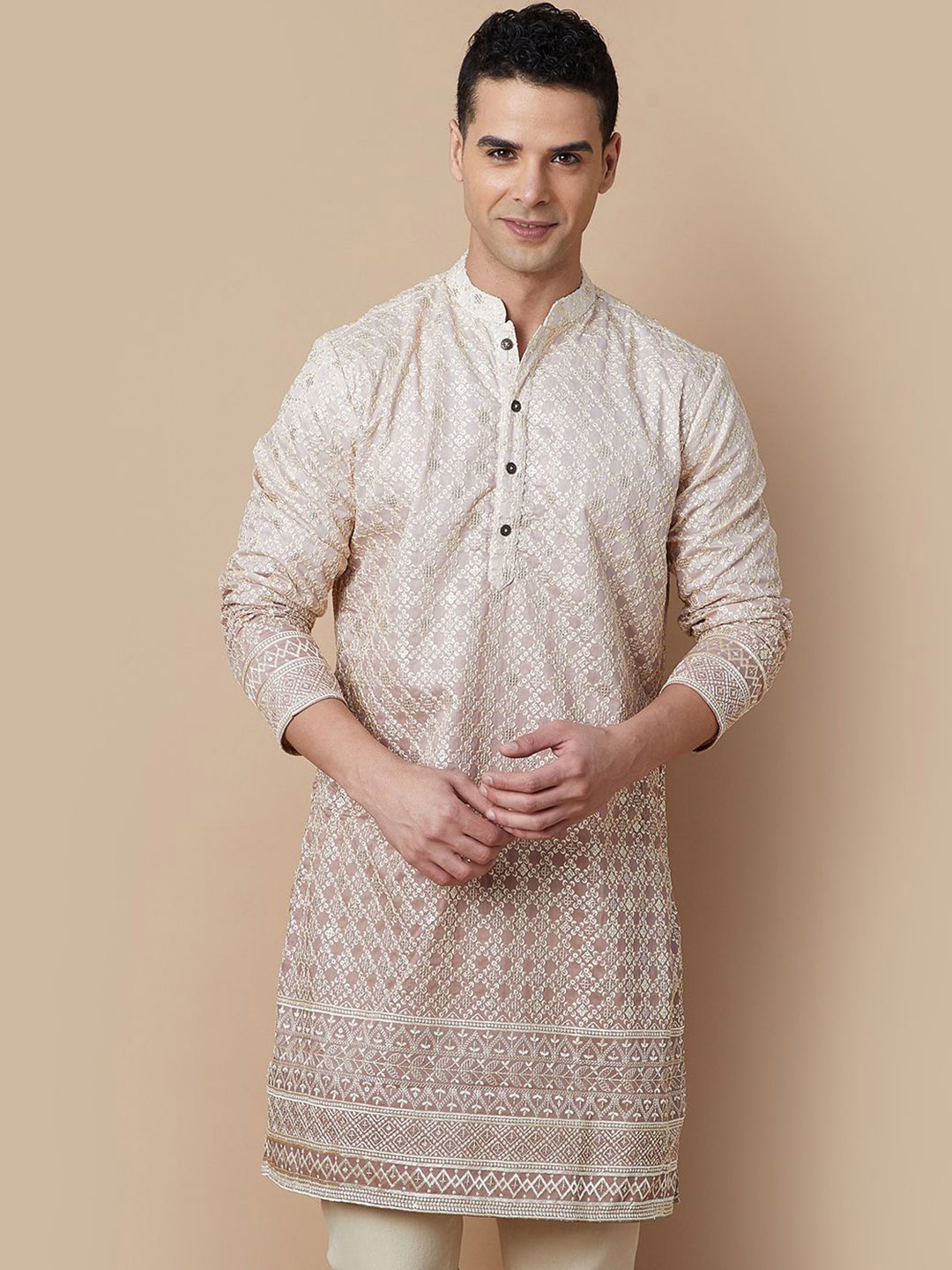 

Melange by Lifestyle Men Embroidered Patchwork Kurta, Beige