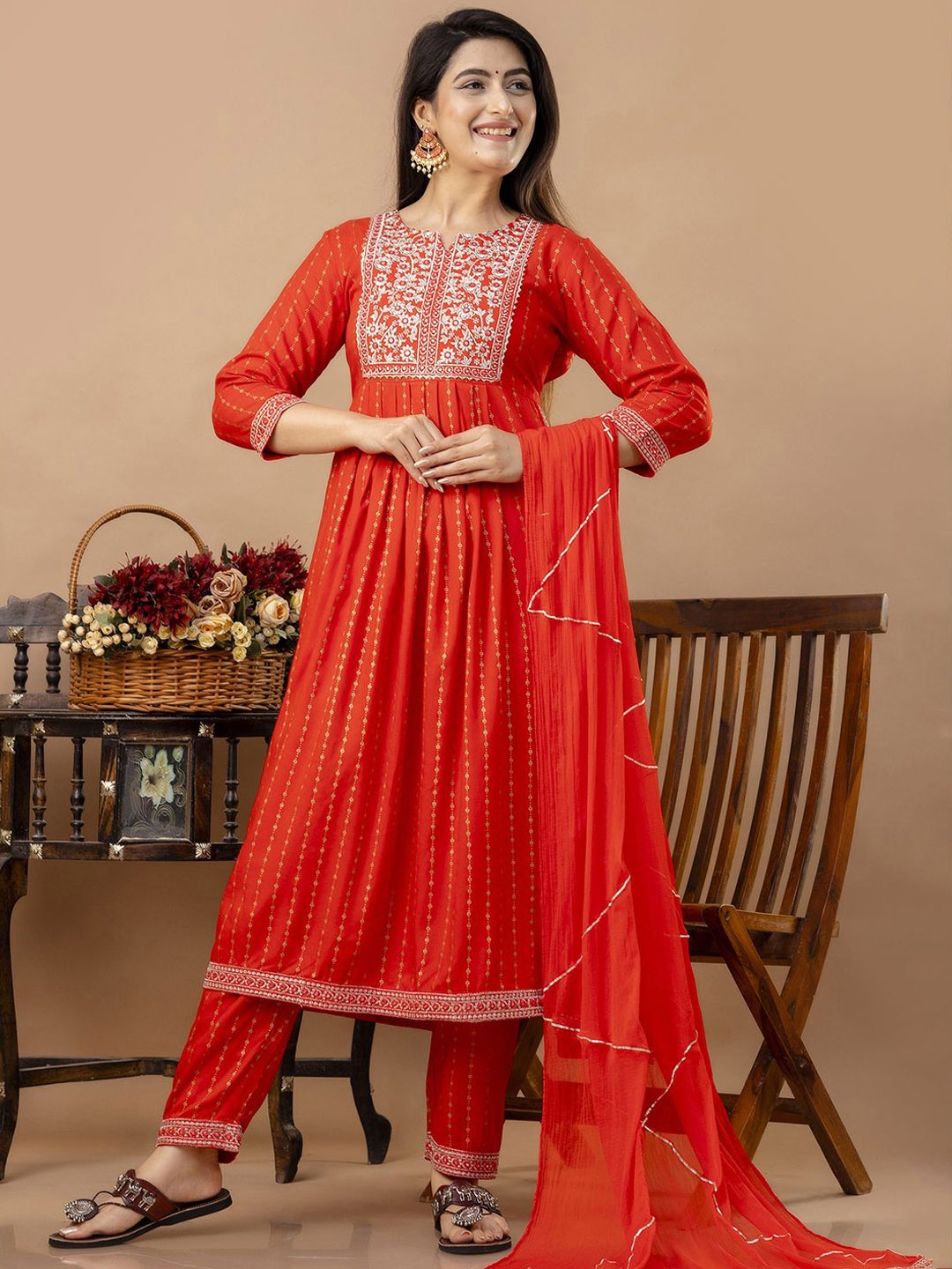 

Veshviti Women Embroidered Pleated Mirror Work Kurta with Trousers & With Dupatta, Red