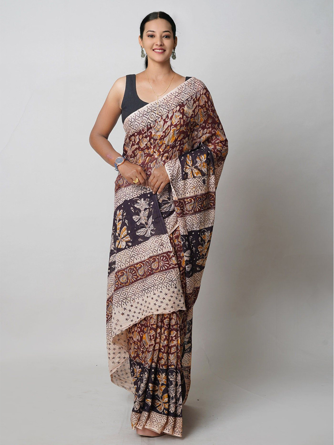 

Unnati Silks Ethnic Motifs Zari Pure Cotton Block Print Saree, Beige