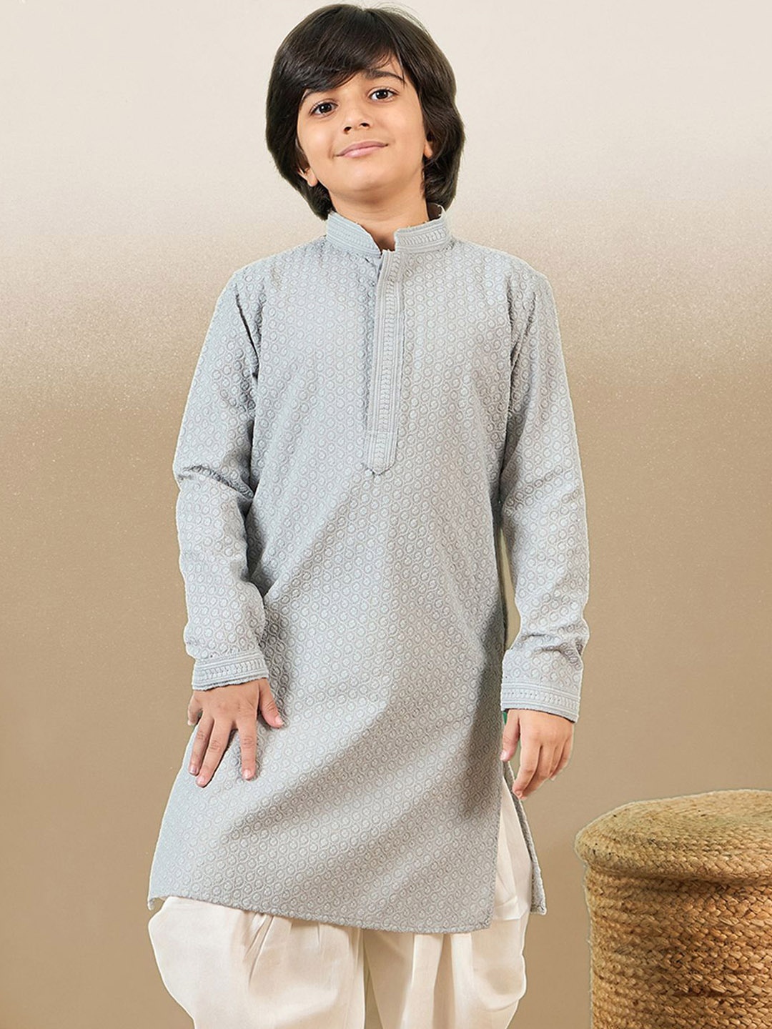 

YK Boys Cotton Embroidered Chikankari Kurta, Grey