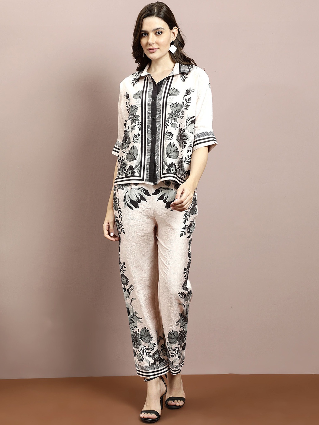 

Boho By Athena Floral Printed Shirt With Trousers, Cream