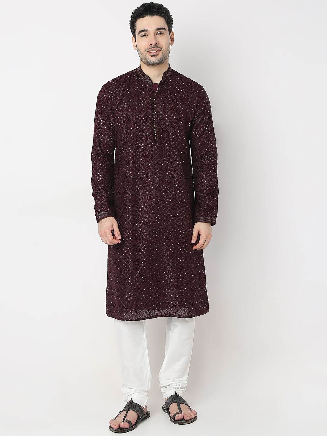 

Ethnicity Ethnic Motifs Embroidered Sequined Mandarin Collar Straight Kurta With Churidar, Purple