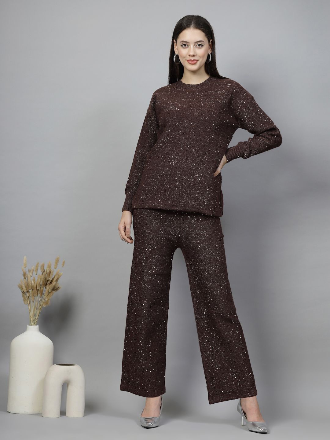 

Mafadeny Embellished Round Neck Long Sleeves Sweater With Palazzo, Brown