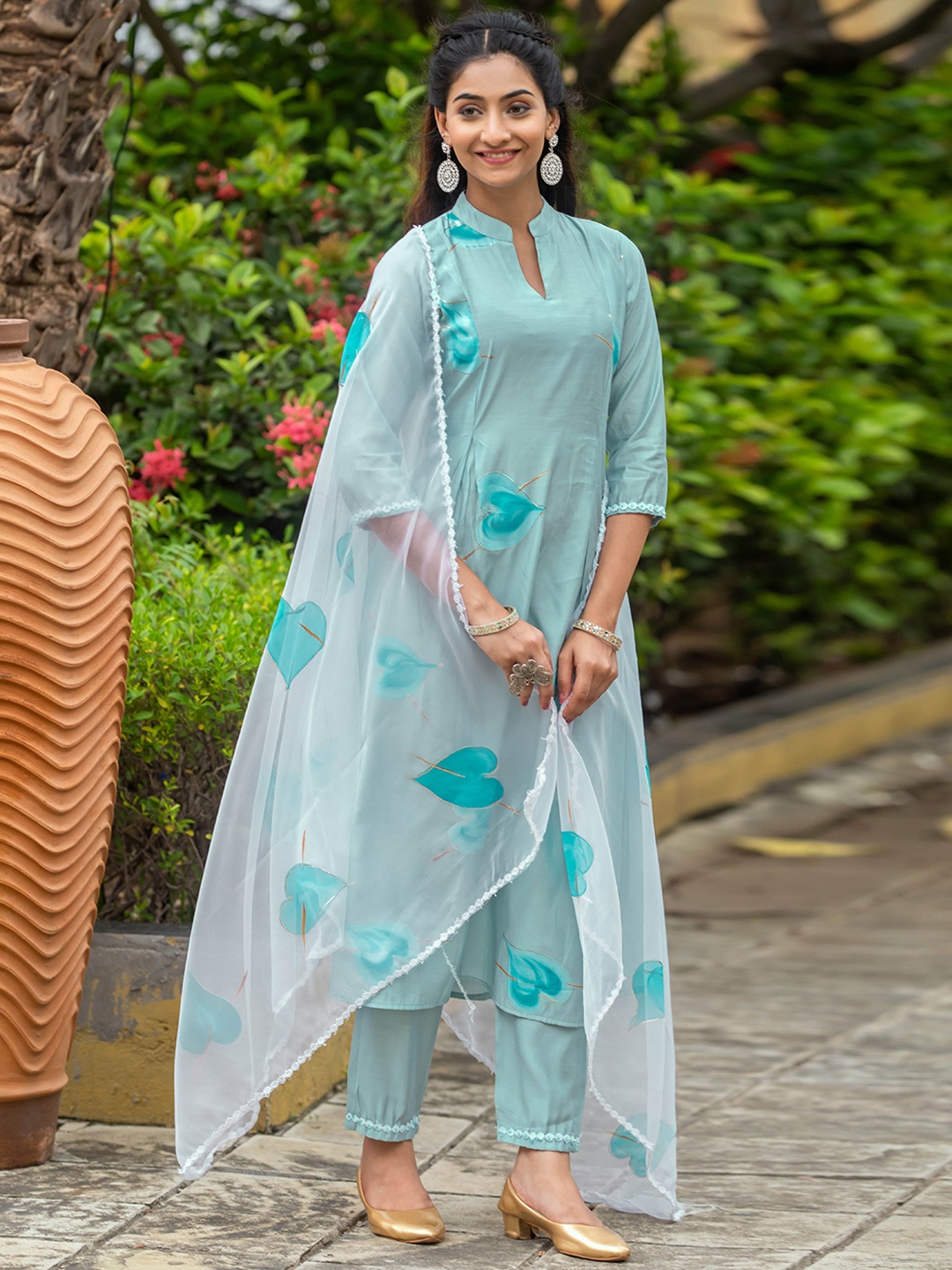 

Roly Poly Women Floral Printed Pleated Thread Work Kurta with Trousers & With Dupatta, Turquoise blue