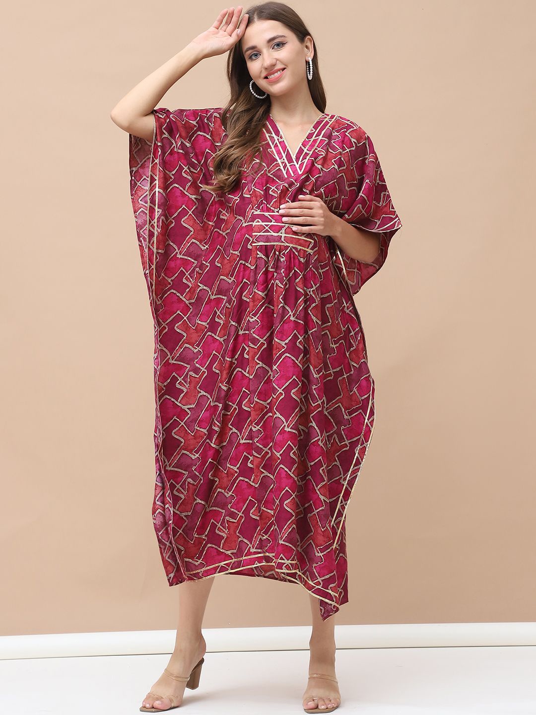 

Secret Wish Printed Maternity Kaftan Midi Dress, Pink