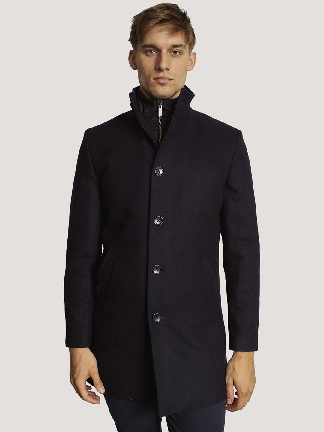 

Bruun & Stengade Men Stand Collar Overcoat, Blue